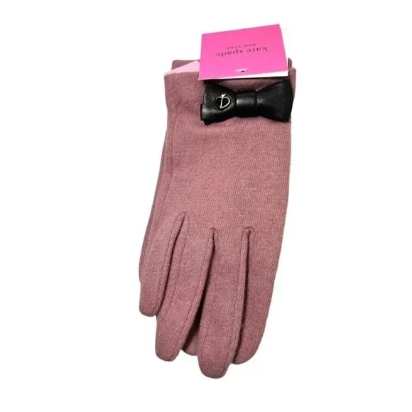 Kate Spade Womens Rose Pink Wool Bow Accent Knit Touchscreen Gloves Sz L New